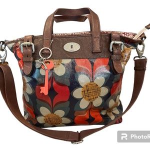 FOSSIL KEY-PER Floral Retro Coated Canvas 16''X14'' Tote, Shoulder Bag,